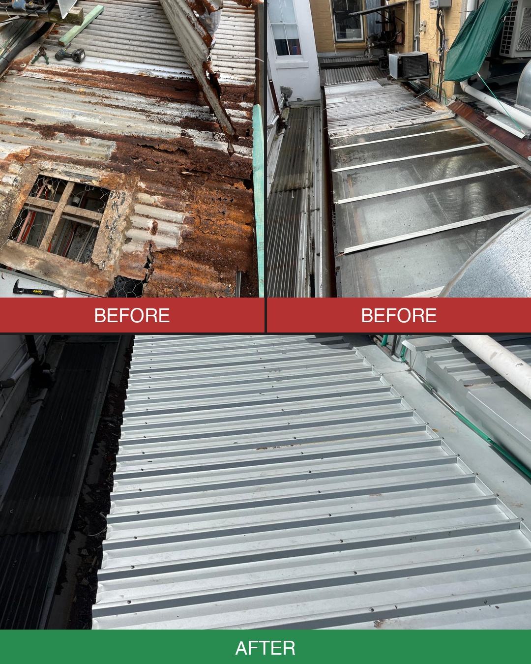 Corrugated iron rusted through, and the same roof after replacement